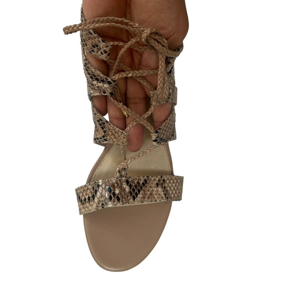 Marc Fisher Tan Snake Skin Print Gladiator Sandals Size 7 Back Zip Flats - Picture 6 of 11